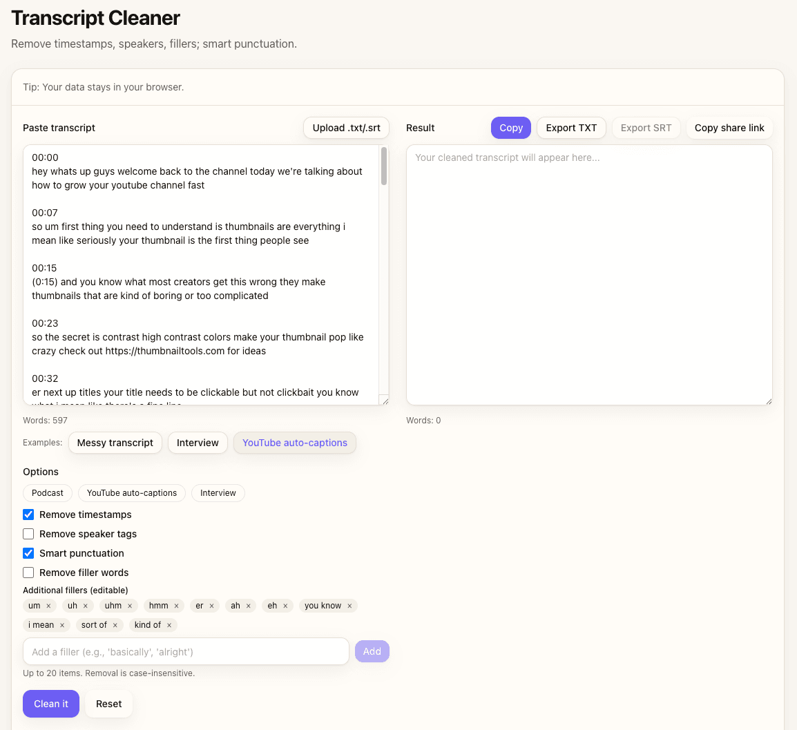 Messy auto-caption transcript with timestamps and speaker labels before cleanup