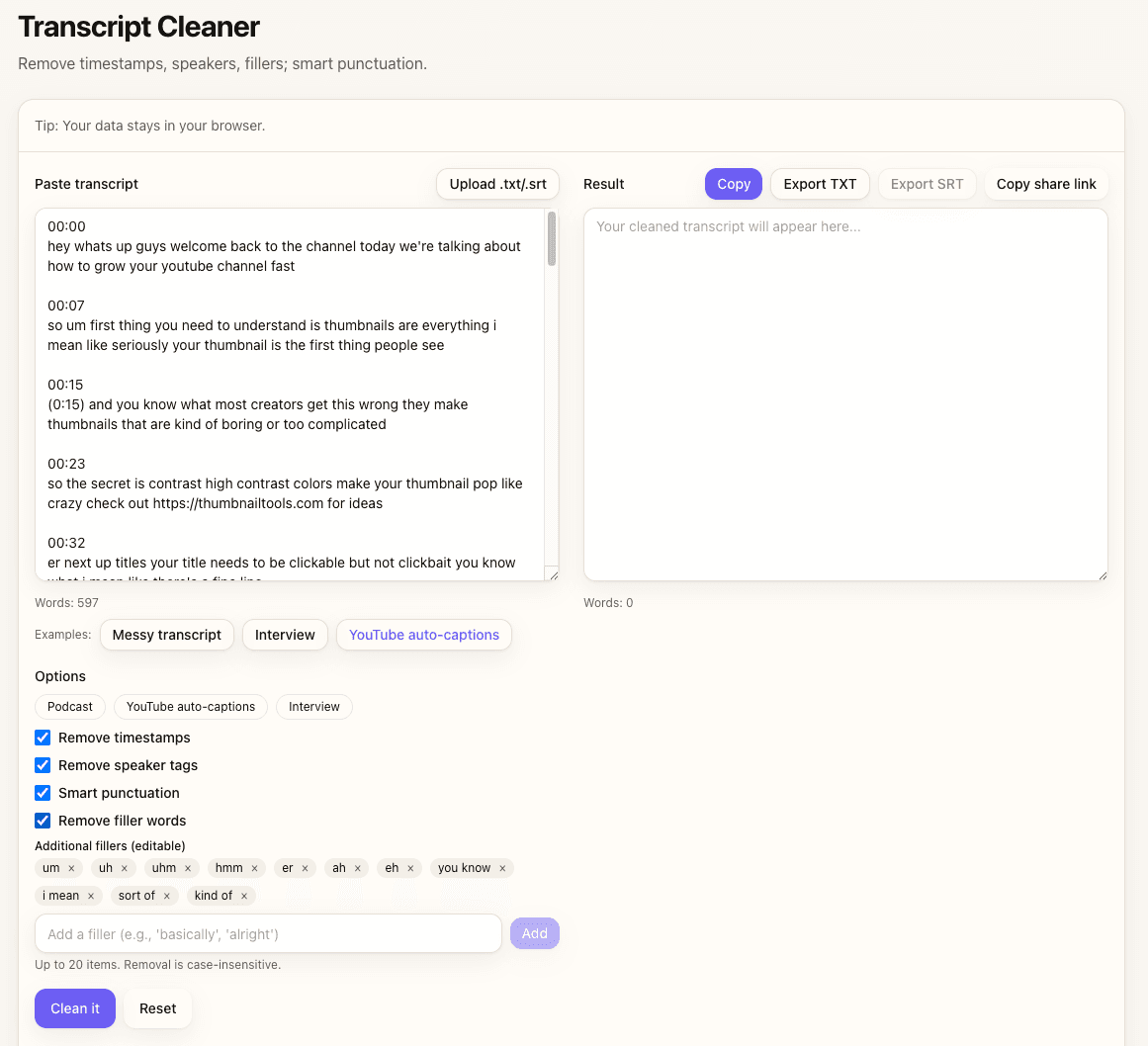 Transcript Cleaner options panel with cleanup toggles enabled