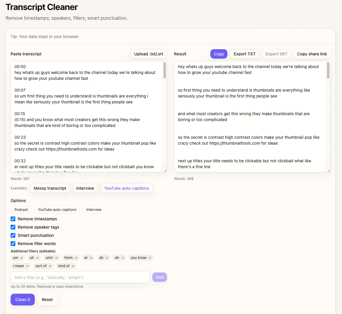 Before and after comparison showing removed timestamps, speakers, and fillers