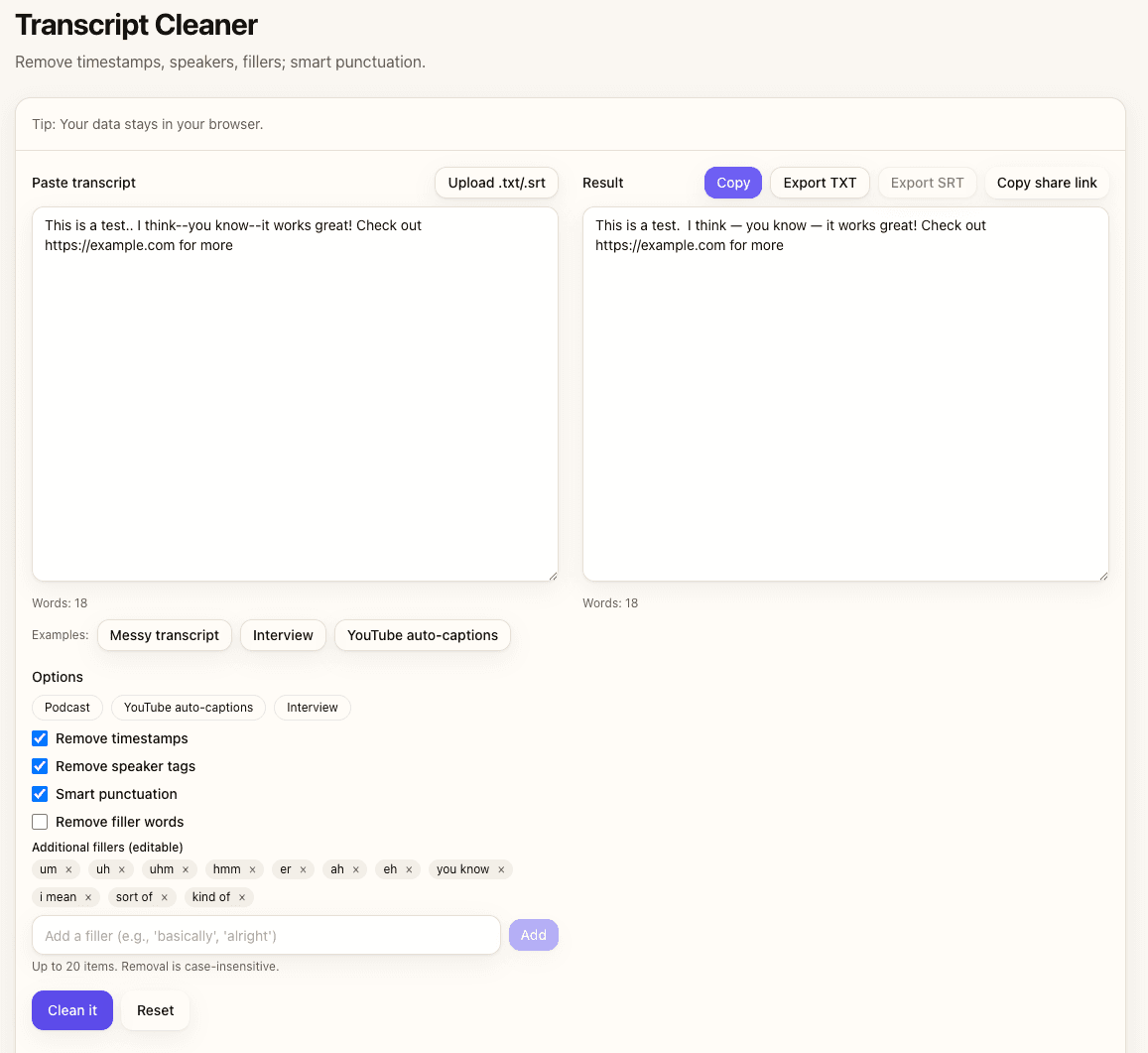 Export options showing TXT and SRT download buttons