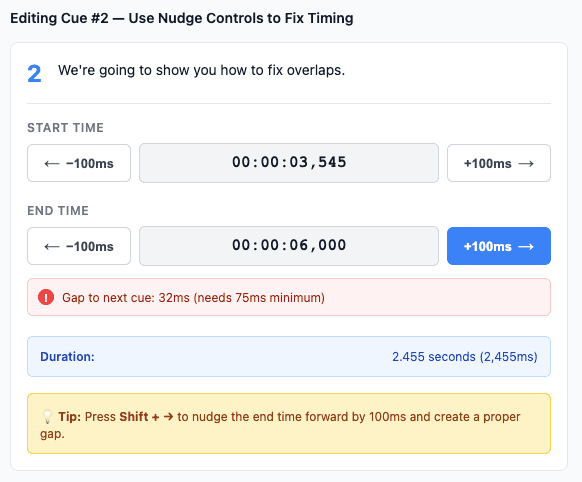 SRT Editor nudge controls showing ±100ms adjustment buttons