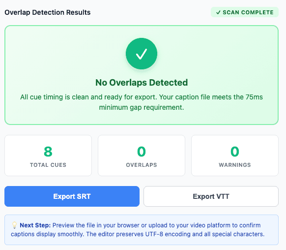 SRT Editor validation panel showing zero overlaps detected
