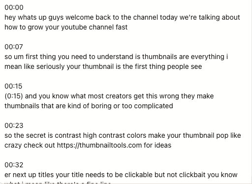 Transcript showing multiple timestamp format examples with annotations