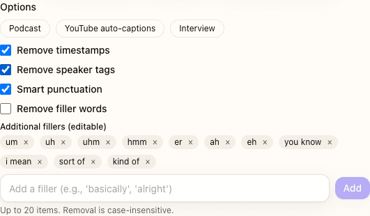 Cleanup options panel with toggles for timestamp and speaker removal