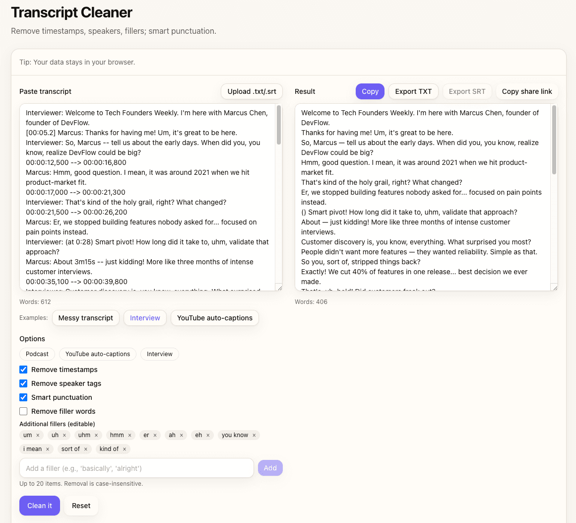 Side-by-side comparison showing original and cleaned transcript