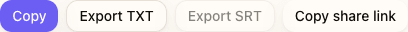 Export interface showing TXT and SRT download buttons