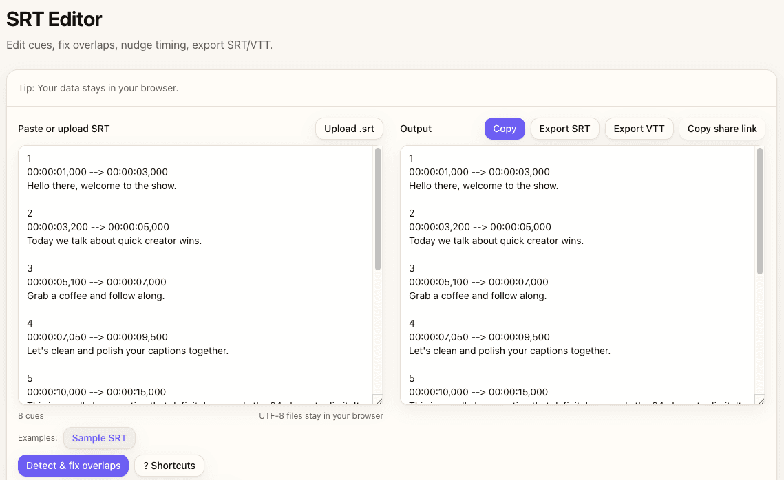 SRT Editor interface highlighting keyboard shortcut zones