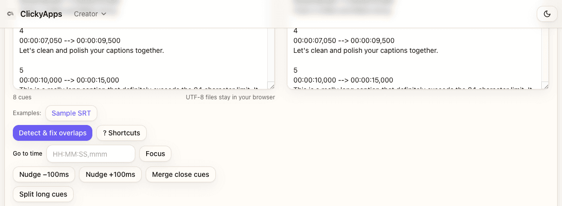 Navigation shortcuts demonstration in SRT Editor