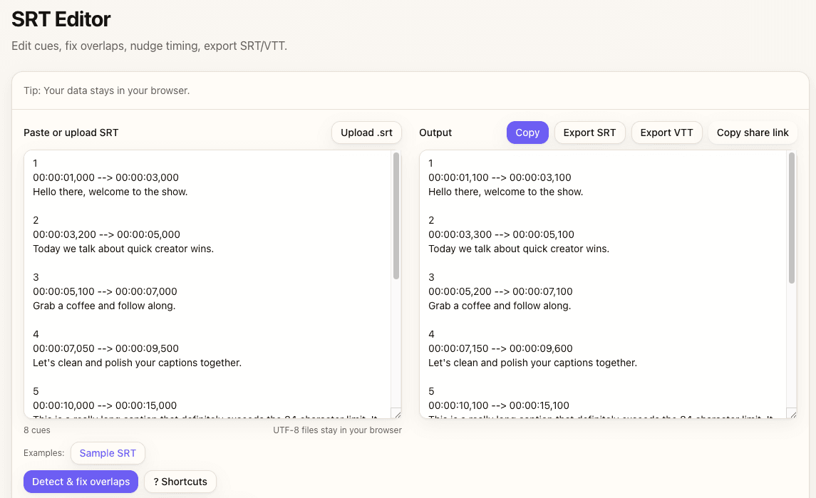 Keyboard timing adjustment in subtitle editor