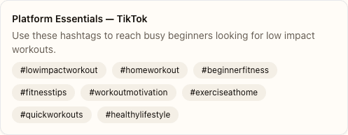 Hashtag Research tool displaying core platform hashtags