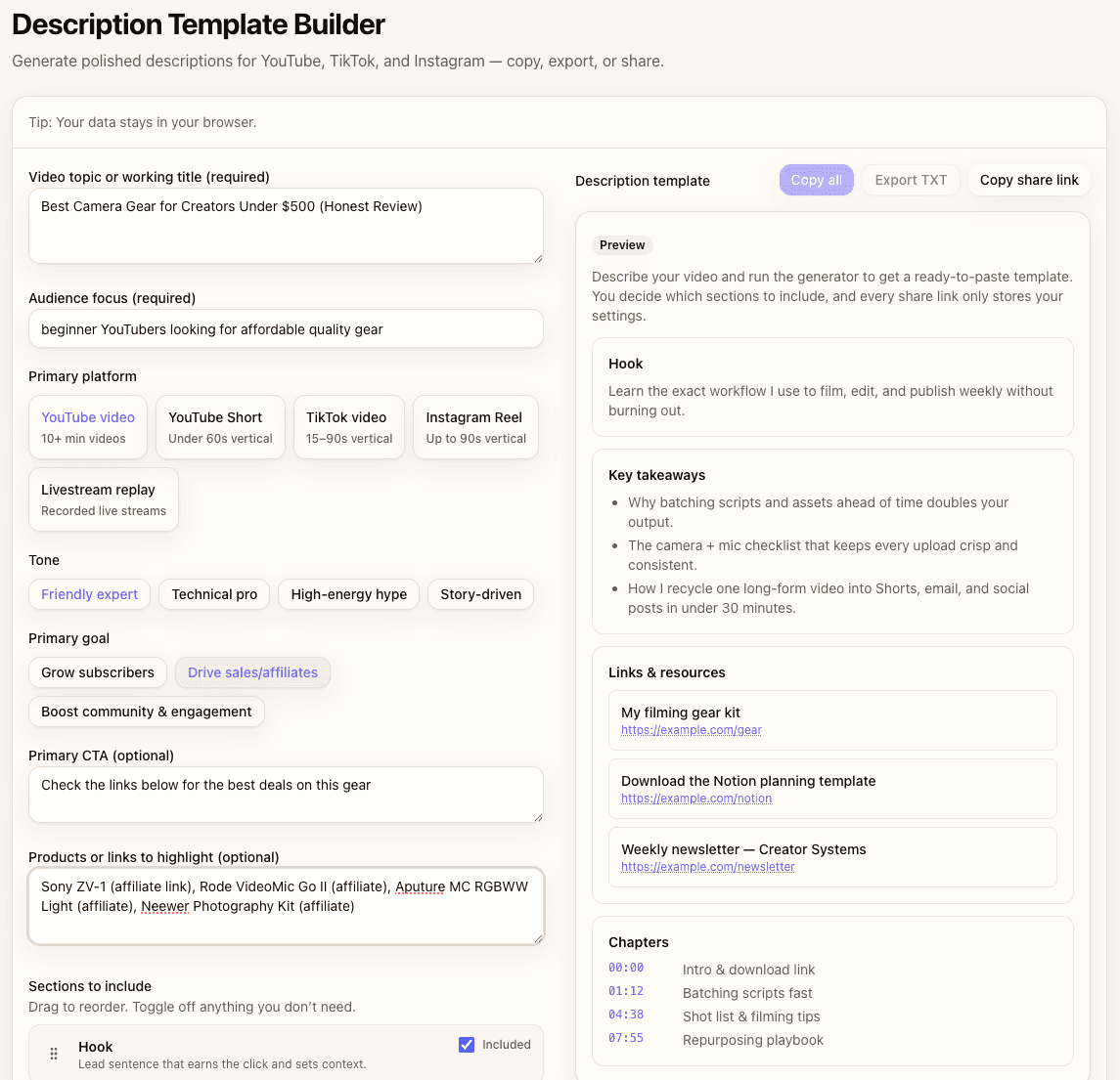 Description Template Builder interface showing disclosure template options