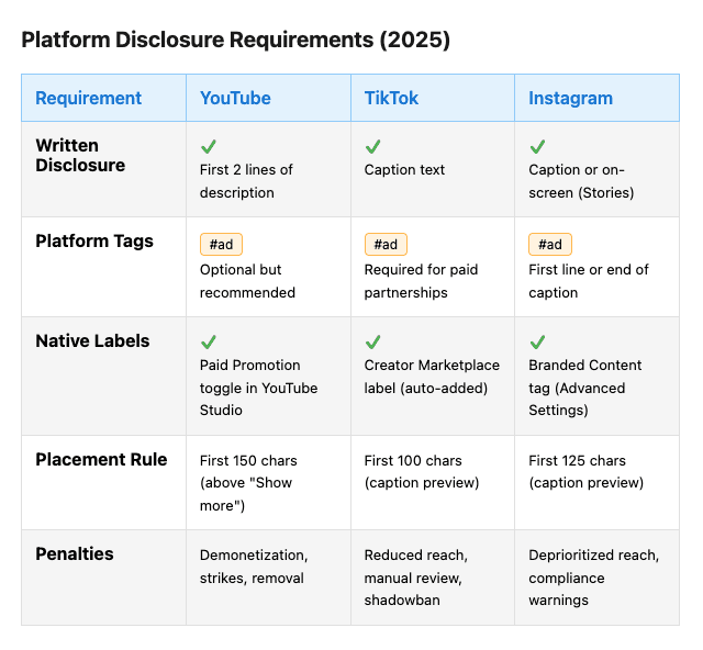 Platform comparison table showing disclosure requirements for YouTube, TikTok, and Instagram