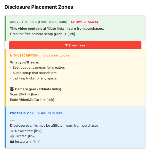 Diagram comparing disclosure placement above the fold versus in footer