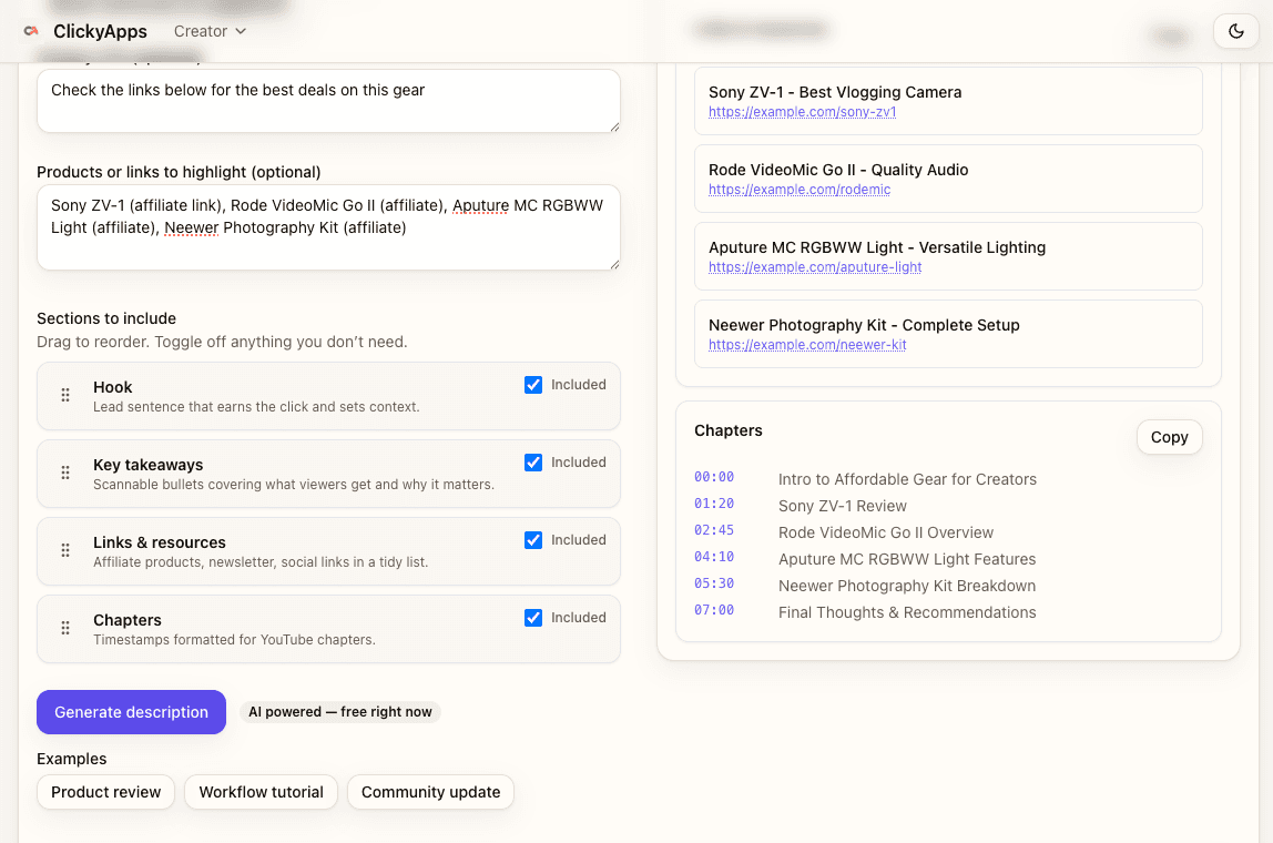 Example YouTube video description with FTC-compliant affiliate disclosure