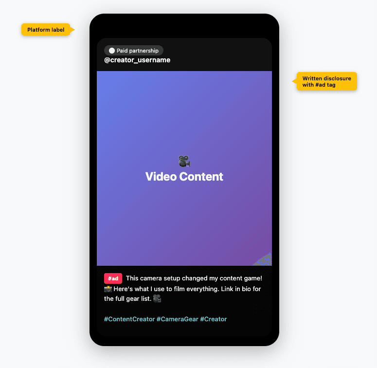 TikTok caption example showing hashtag placement and disclosure text