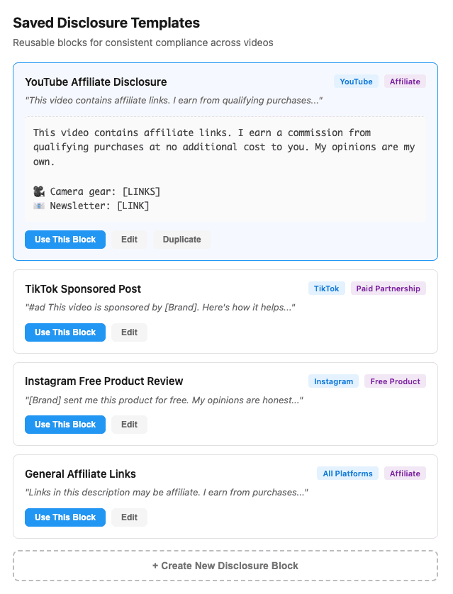 Description Builder showing saved reusable disclosure block templates