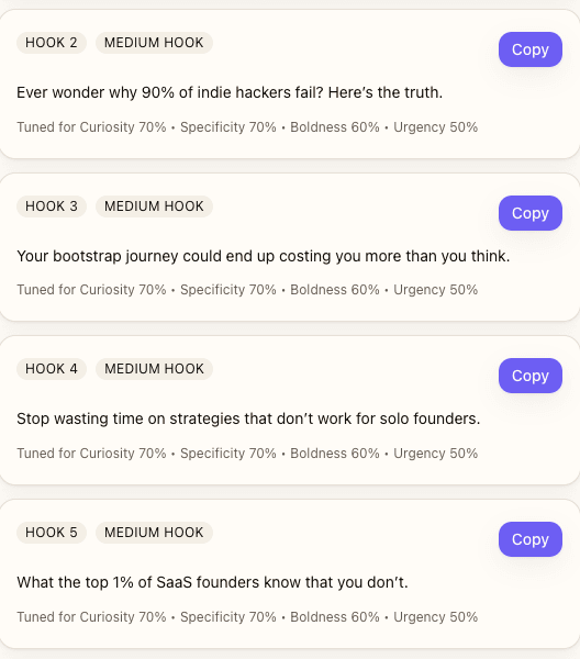 Five finance/business hook examples with template structure highlighted