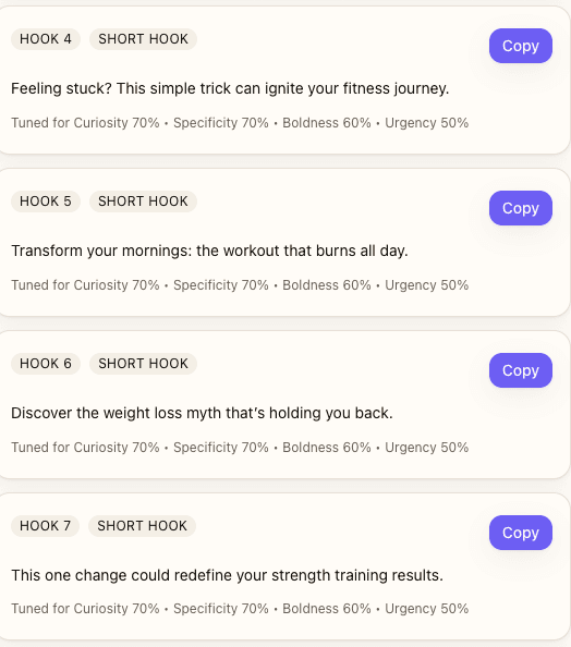 Five health/fitness hook examples showing transformation-focused language