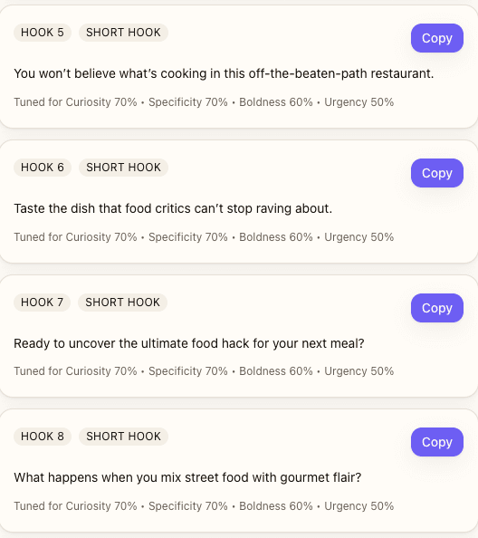 Five food/travel hook examples using location-specific and discovery language
