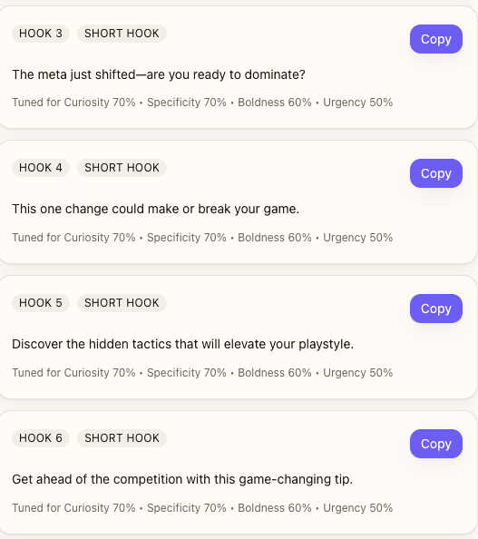 Five gaming/entertainment hook examples with meta and strategy language