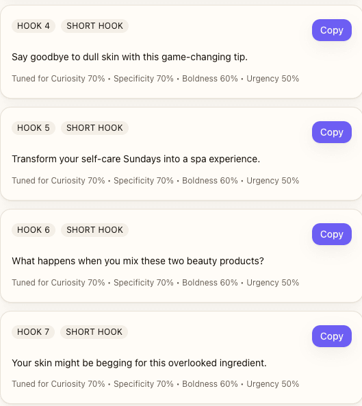 Five lifestyle/beauty hook examples with aspirational and problem-solving angles