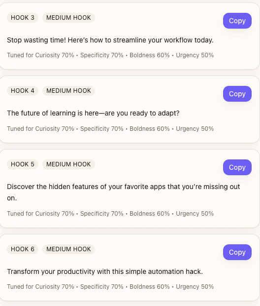 Five tech/education hook examples featuring tools and automation language