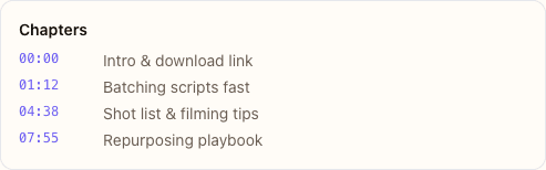Annotated screenshot showing correct chapter format: 00:00 start, MM:SS timestamps, 10+ second minimum
