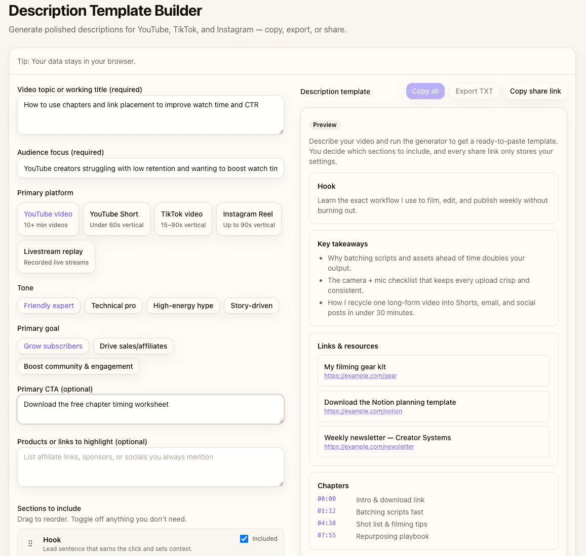 Description Template Builder with chapters enabled and timestamps filled in