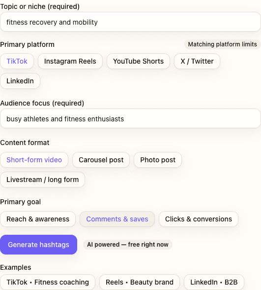 Hashtag Research tool showing thematically grouped tags for fitness recovery