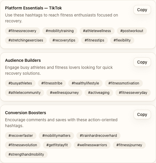 Three rotation hashtag sets for the same fitness niche with different tag combinations