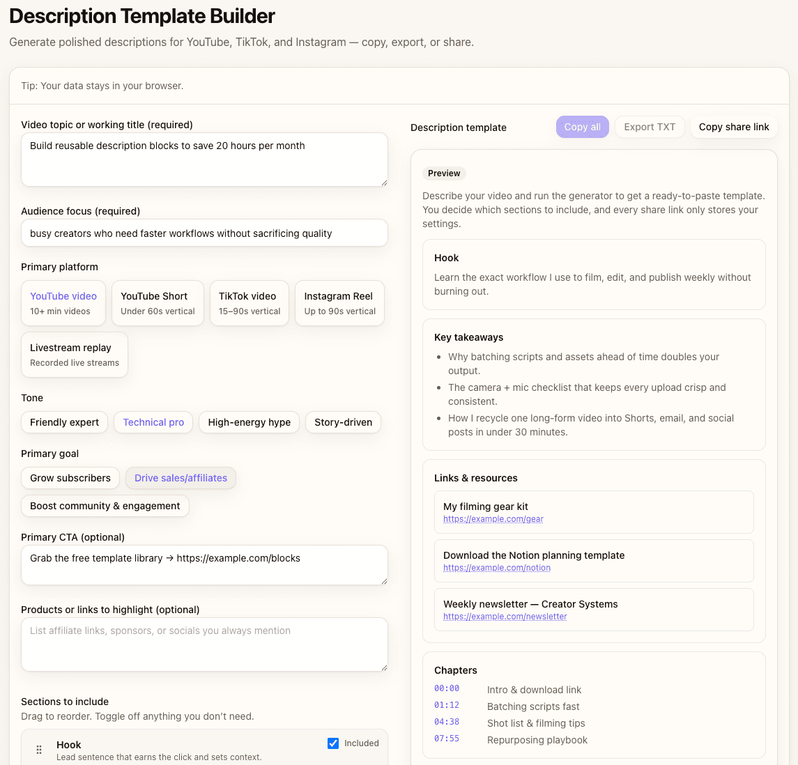 Description Builder interface displaying saved reusable blocks organized by category