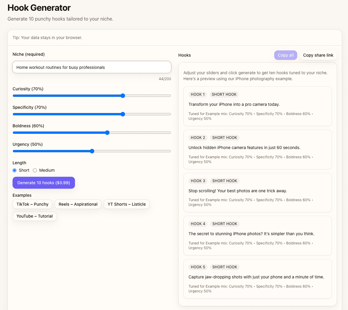 Hook Generator interface with short length selected showing fitness hooks for busy professionals