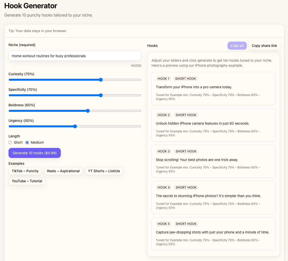 Hook Generator interface with medium length selected showing fitness tutorial hooks
