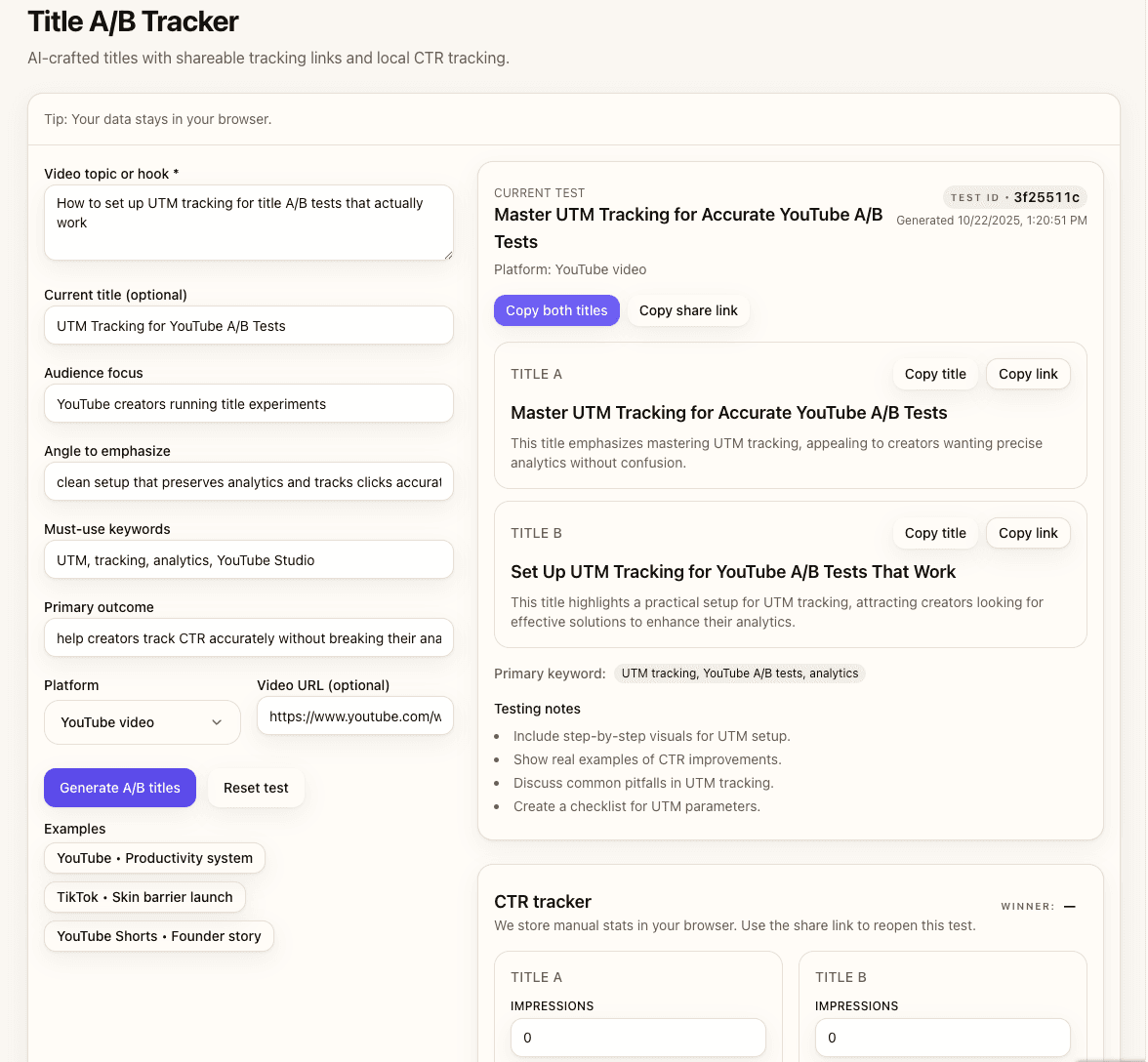 Two generated title variants displayed with Copy title and Copy link buttons, showing distinct angles and testing notes