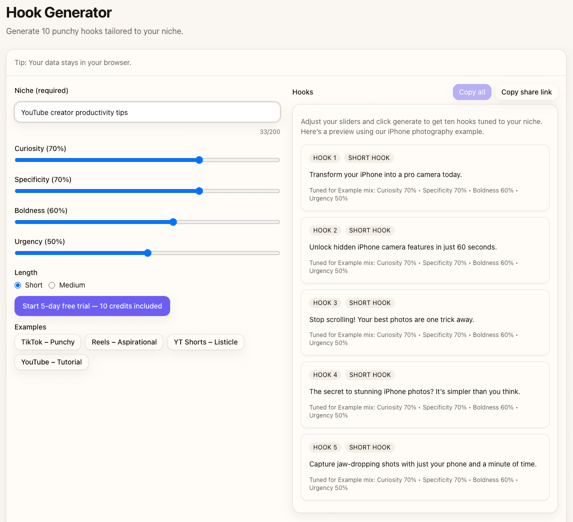 Hook Generator interface showing curiosity/specificity sliders