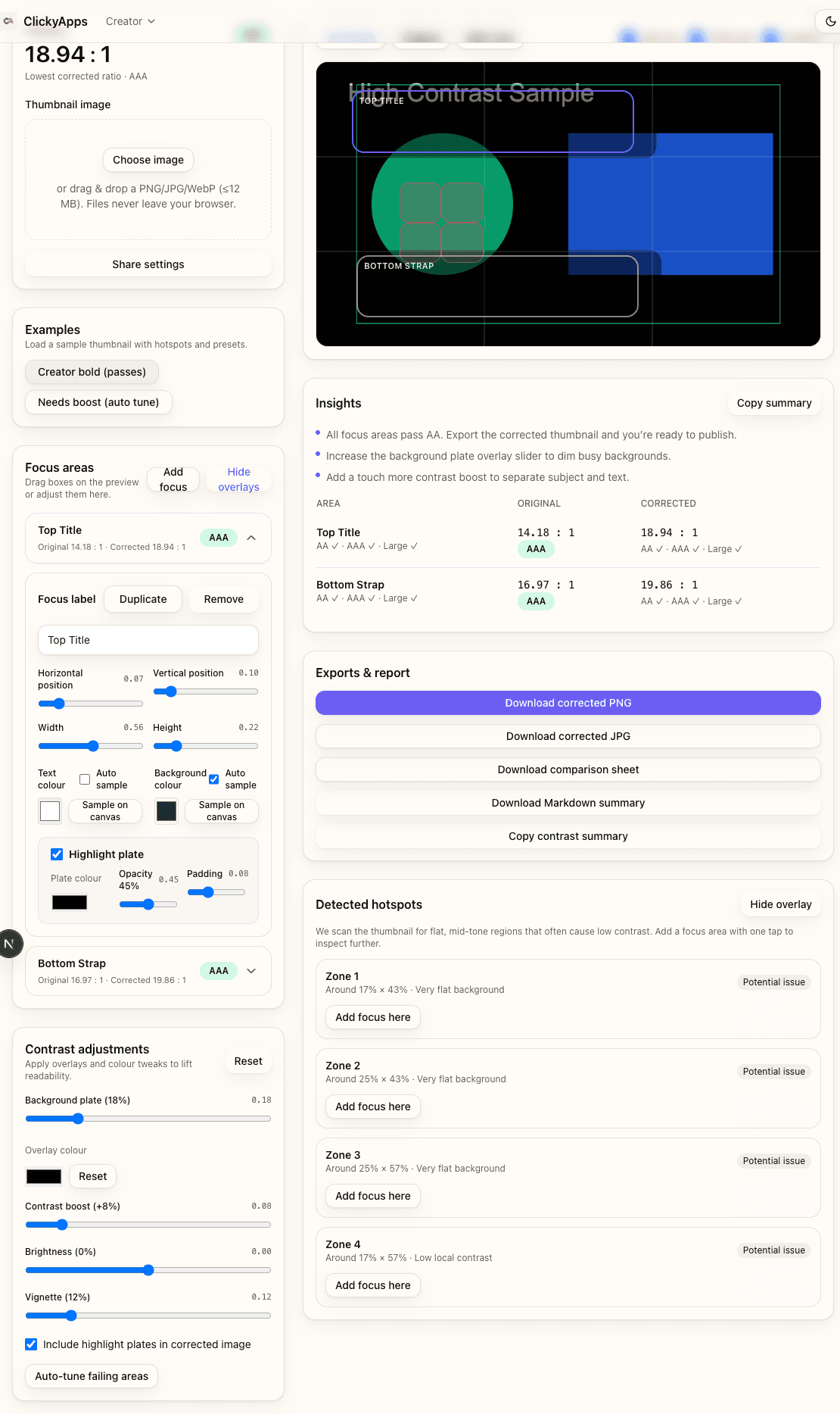 Annotated screenshot of Contrast Checker tool showing ratio output and pass/fail indicators