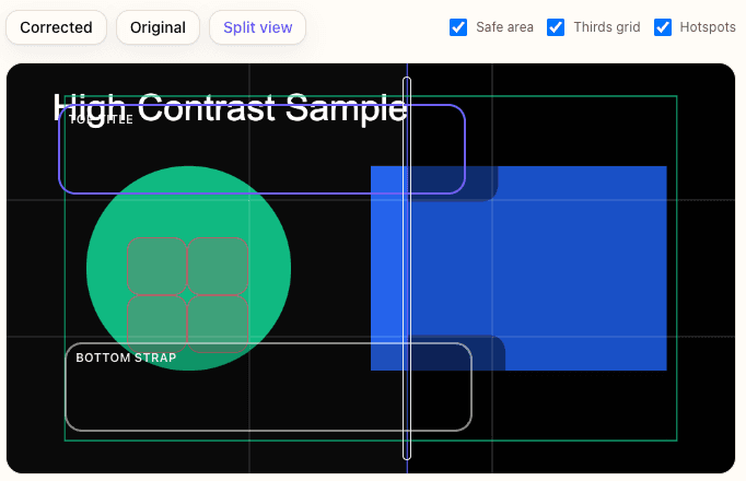 Split view showing original and corrected thumbnail with safe-area overlays