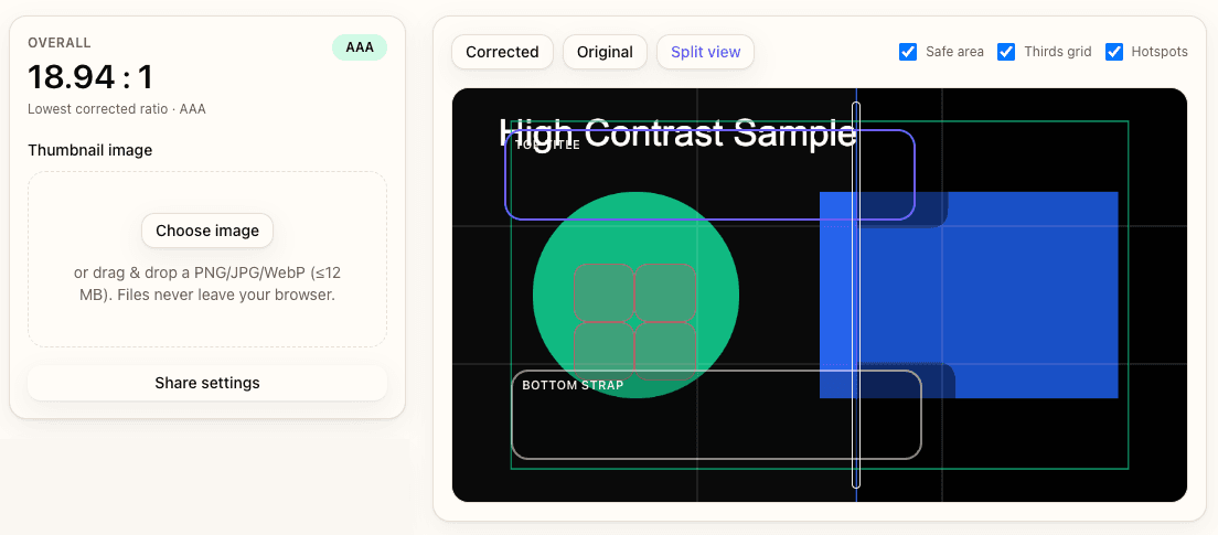 Split view showing original thumbnail beside corrected version with highlight plates applied