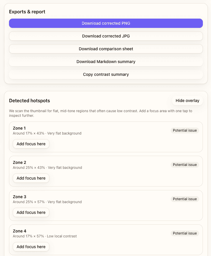 Exports & report panel with comparison sheet download and detected hotspot suggestions