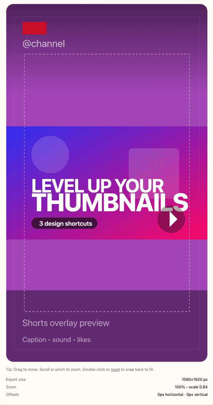 Shorts thumbnail with vertical safe area overlay and title chip clearance