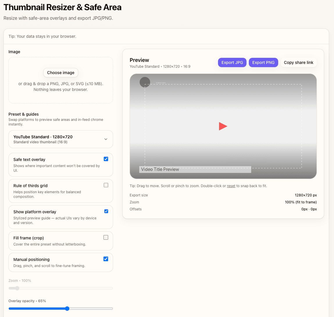 Upload thumbnail and toggle safe area overlay in Thumbnail Resizer