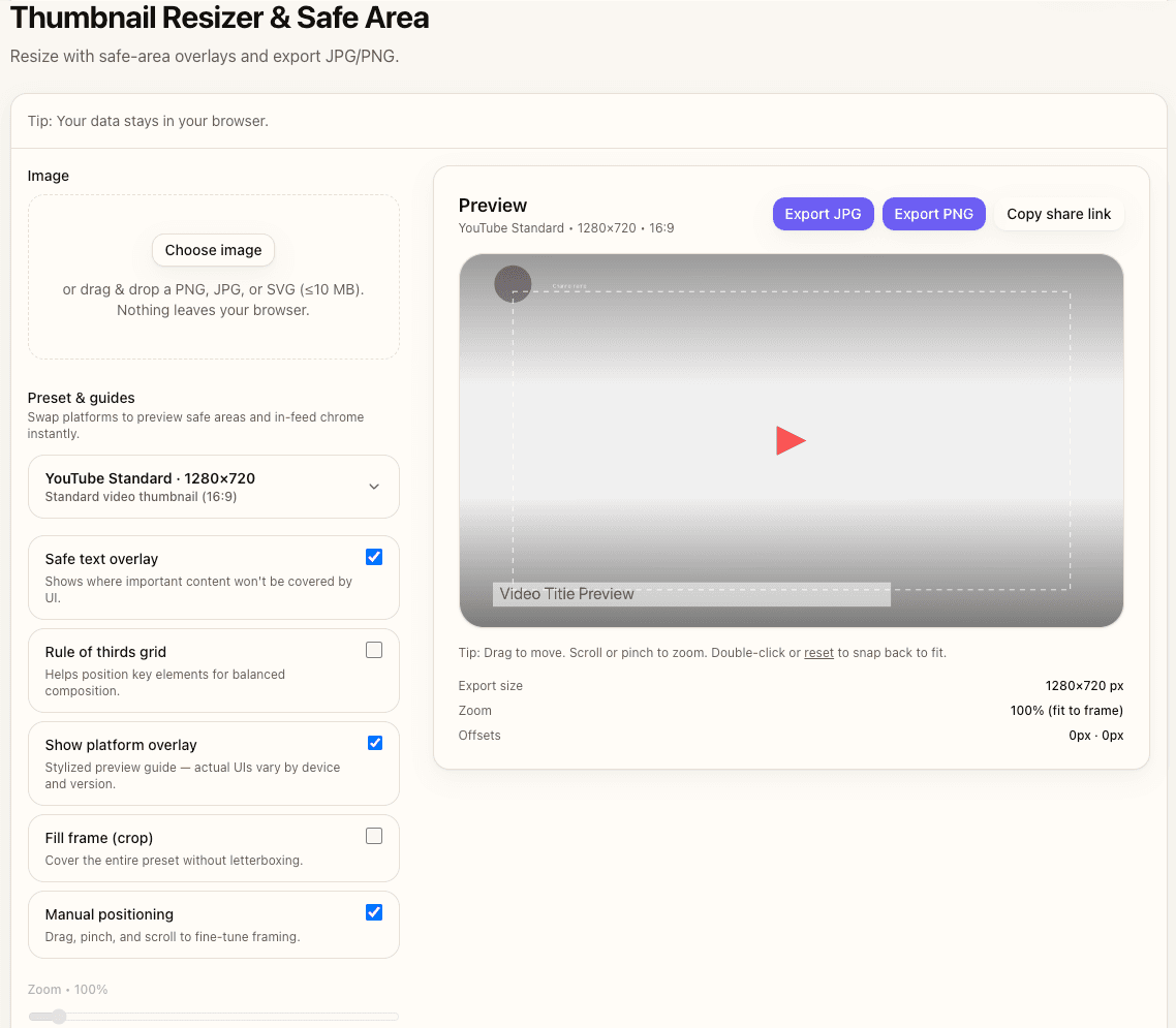 Thumbnail Resizer interface showing preset selection and export options