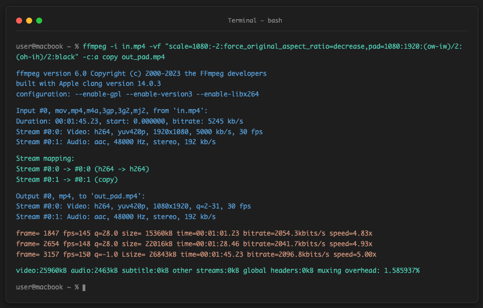 Terminal window showing ffmpeg command running with progress output and frame statistics