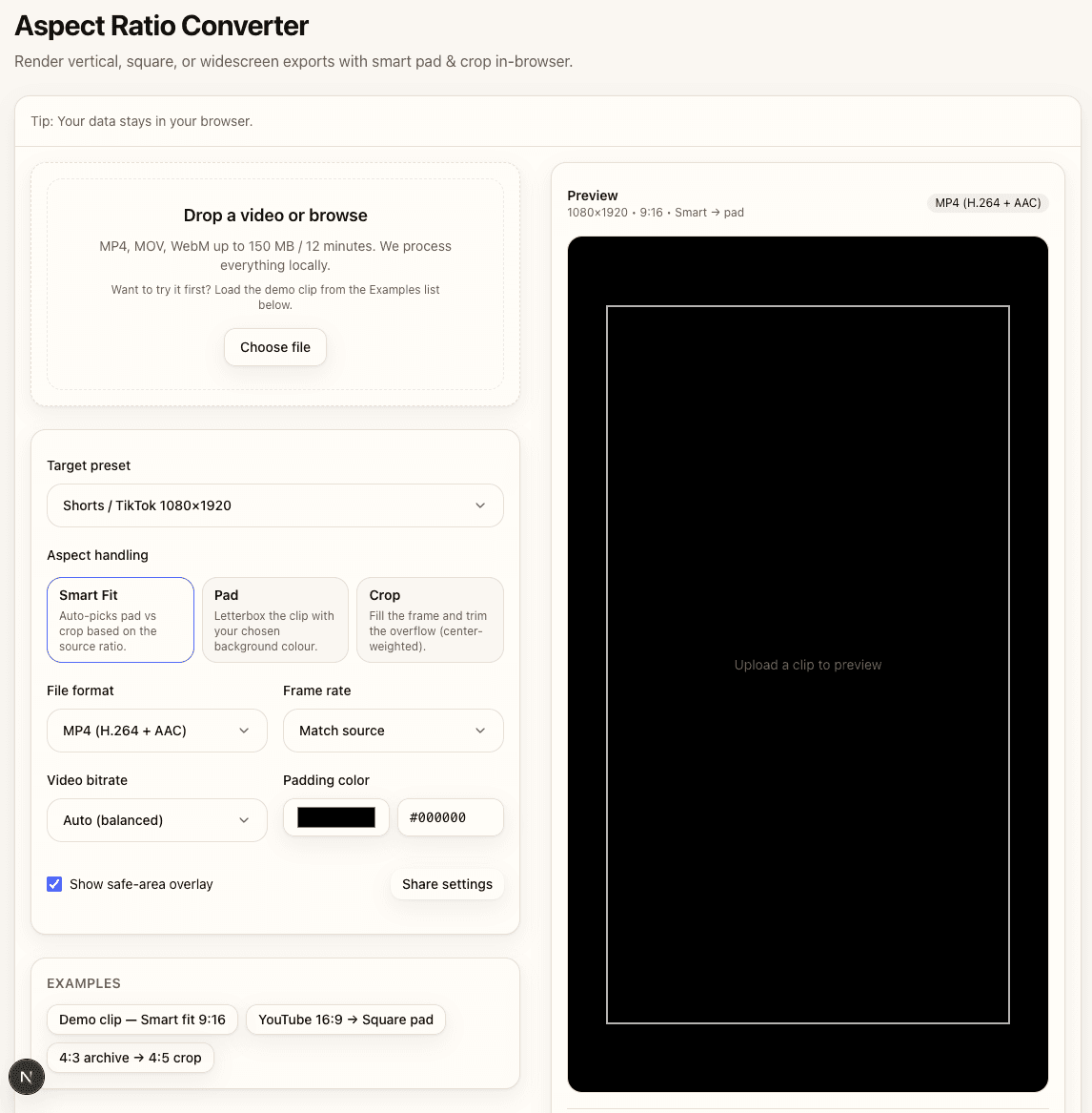 Aspect Ratio Converter interface showing preview toggle between pad and crop modes with command output below