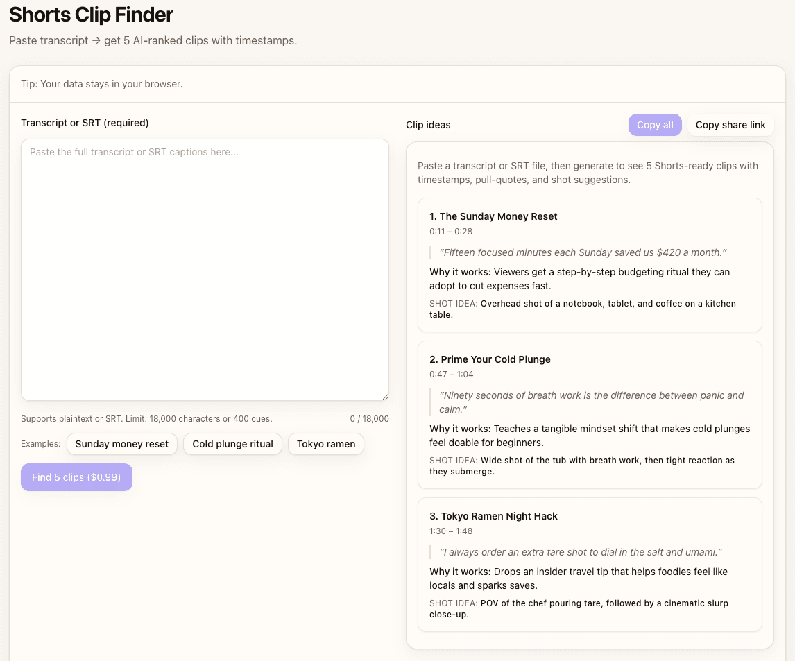 Upload interface for Shorts Clip Finder showing transcript input