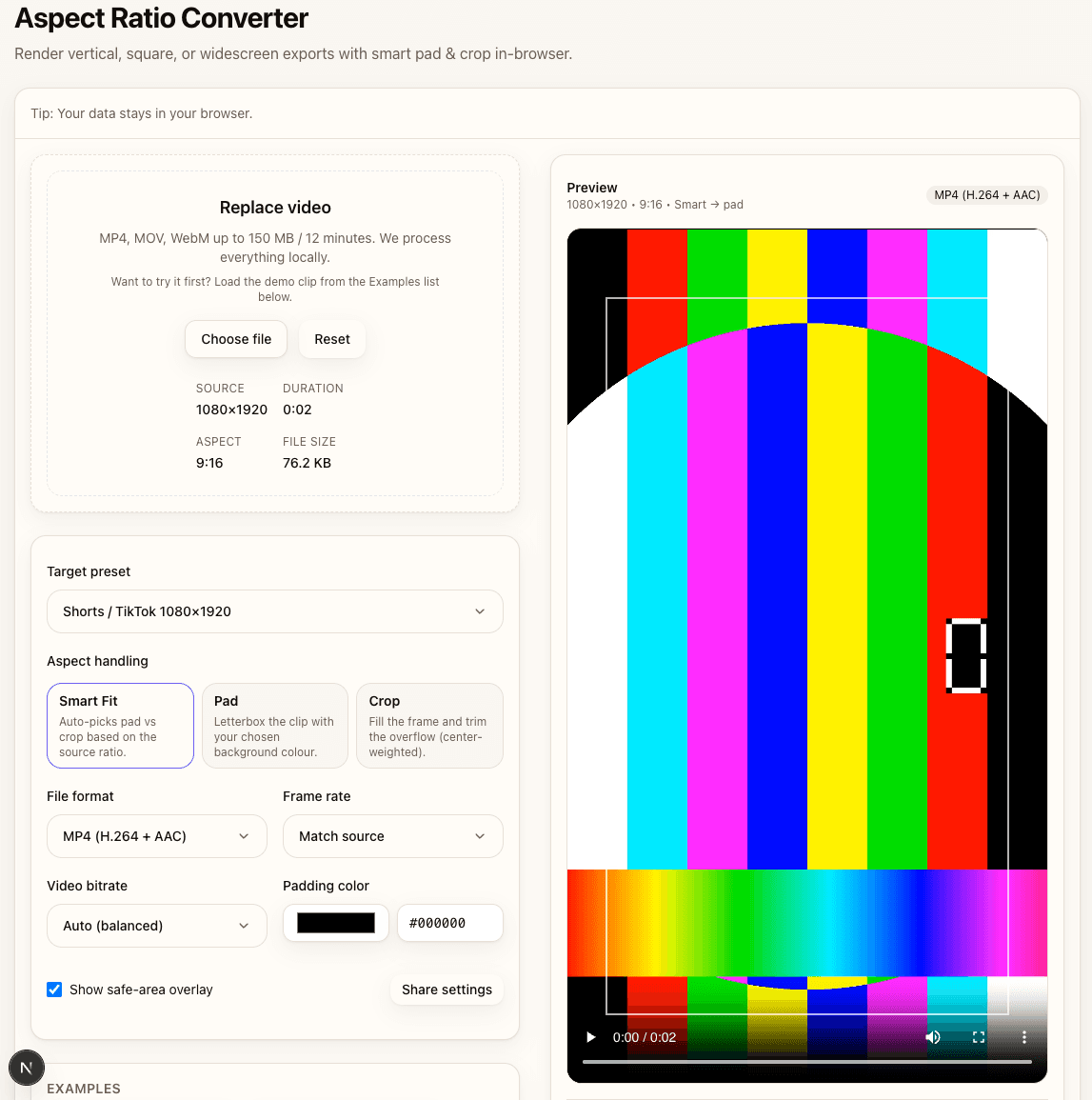 Aspect Ratio Converter interface showing side-by-side preview of padded vs cropped output