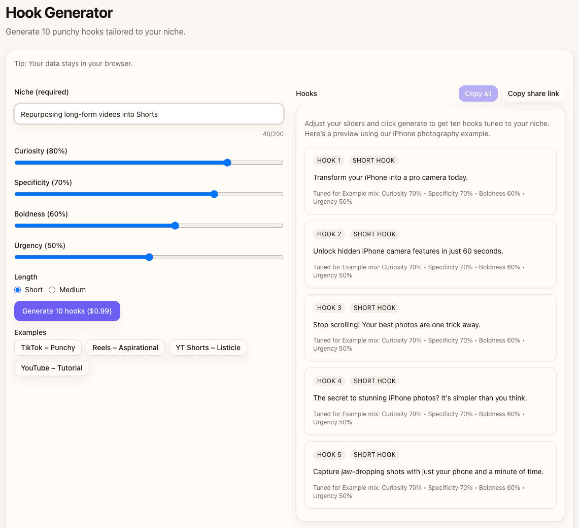 Side-by-side comparison showing original long-form hook versus reframed Short hook with added context