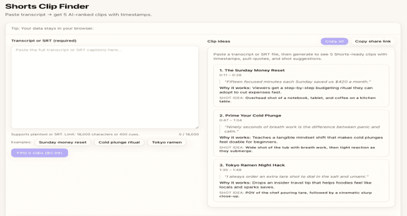 Four shot list templates visualized: Hook-Problem-Solution, Countdown, Before-After, Story Arc