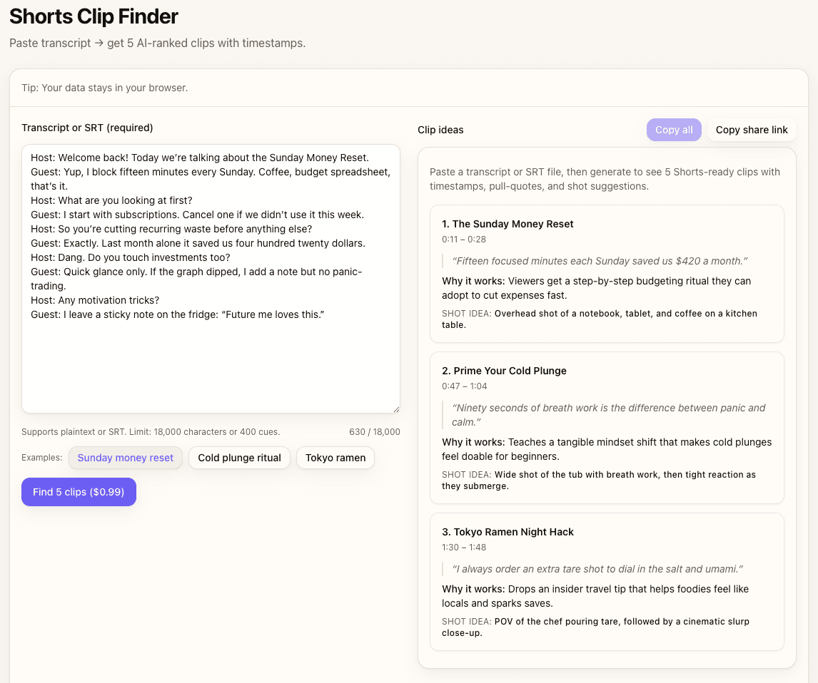 Shorts Clip Finder interface showing transcript with beat markers at 3-7 second intervals