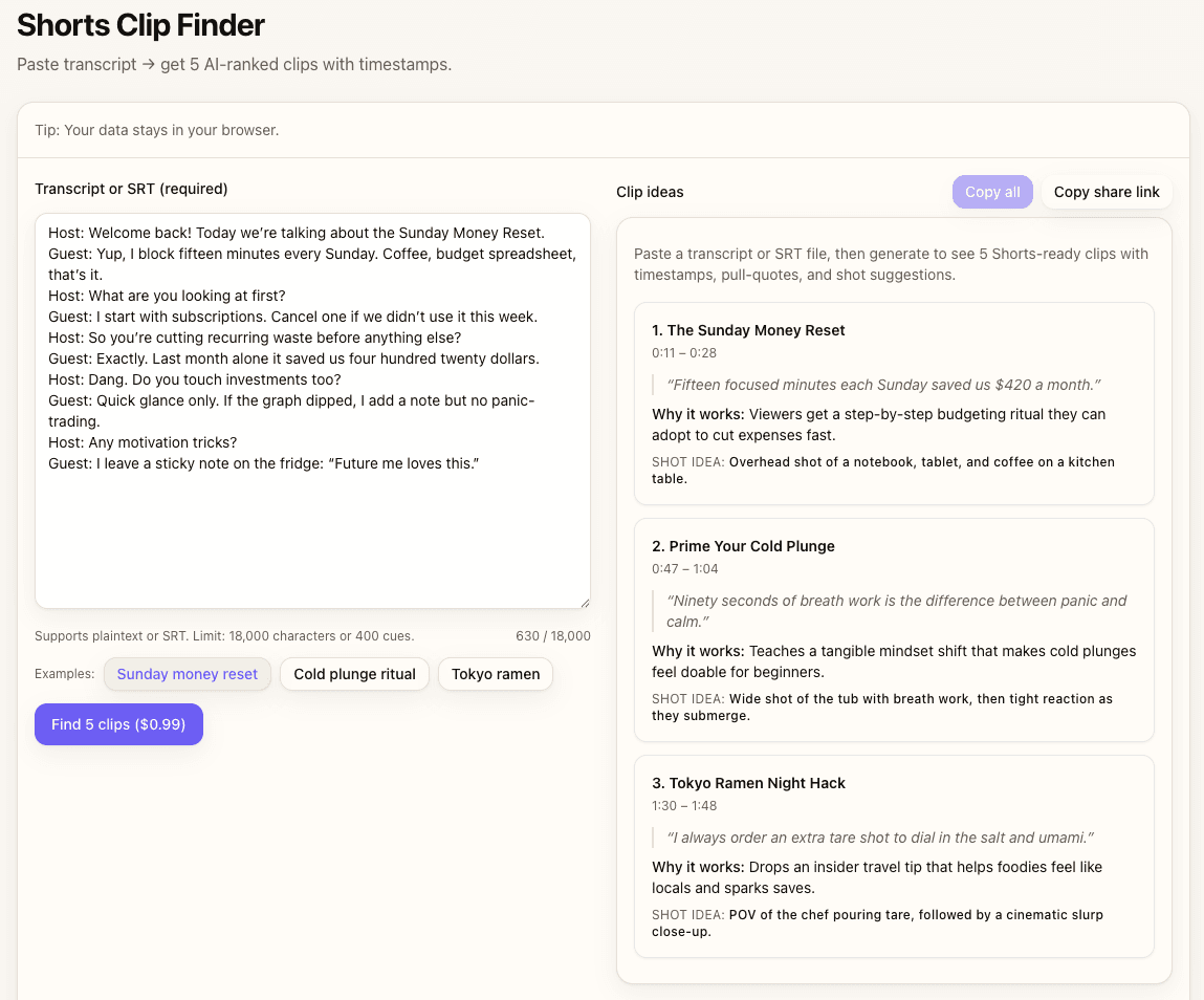 Shorts Clip Finder interface highlighting natural beat points in a video transcript